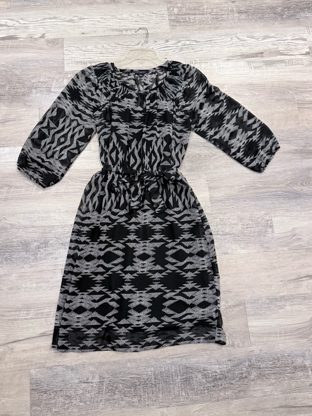 Banana Republic Black and Gray Patterned Belted Midi Dress